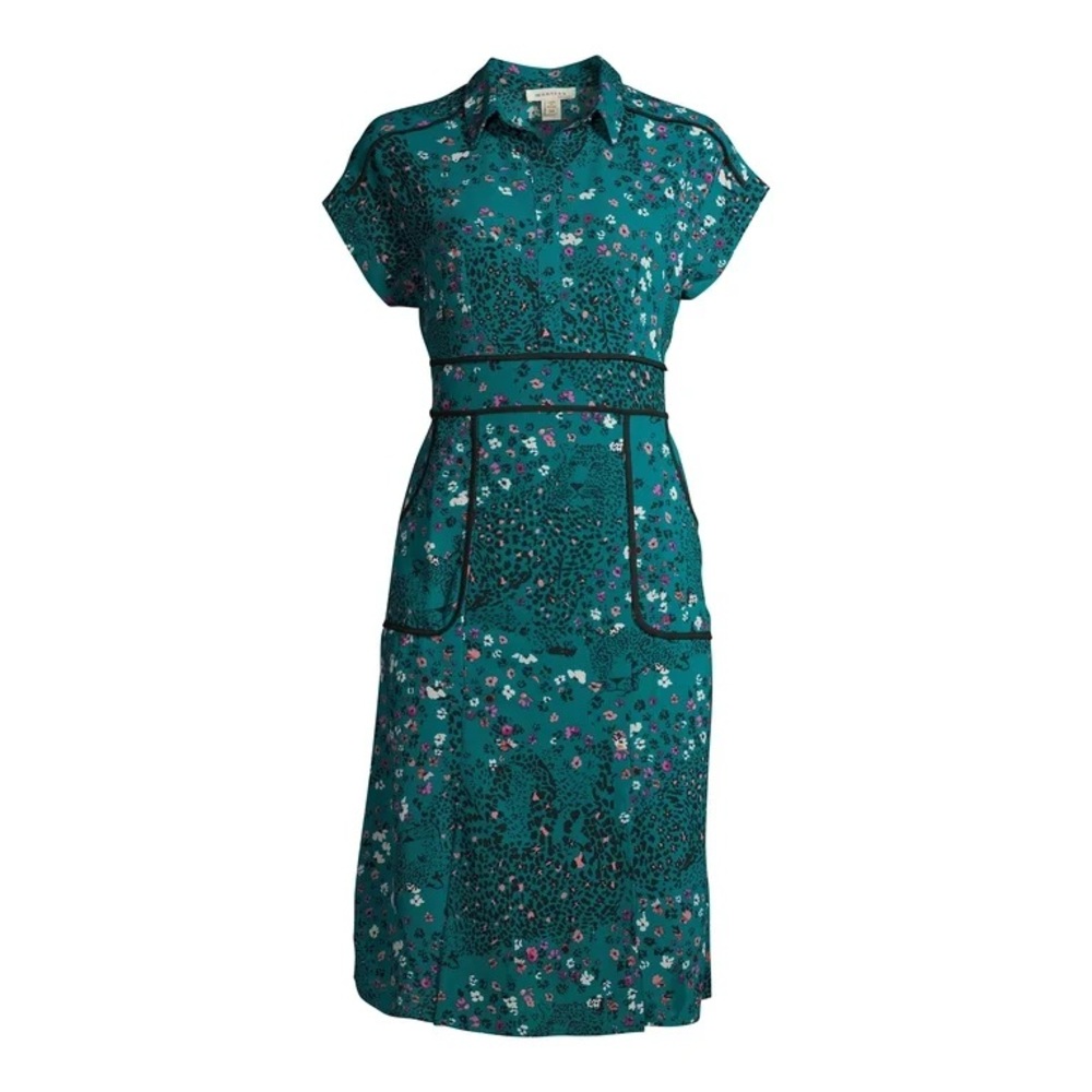 Monteau Green Panther Print Midi Dress with Cap Sleeves and Notched Collar